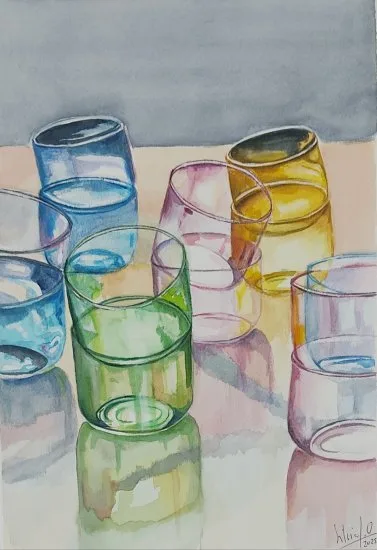Acuarela original "Cristal 3" representa vasos coloridos con juegos de luces y sombras