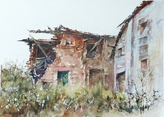 Acuarela original muestra casa abandonada en Hoyuelos de la Sierra, Burgos