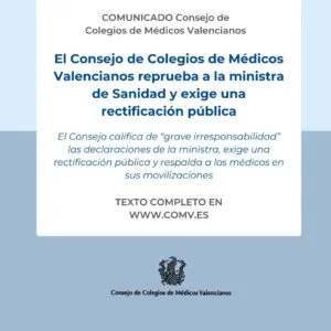 Consejo de Médicos Valencianos reprueba a la ministra de Sanidad y exige disculpas públicas