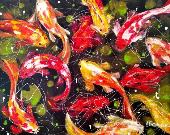 Cuadro acrílico original “Koi Fish in Lake”, obra única con certificado de autenticidad