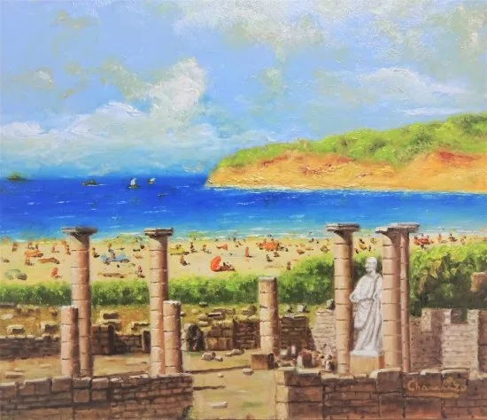Óleo original de playa en Tarifa con Ruinas de Bolonia disponible para compra