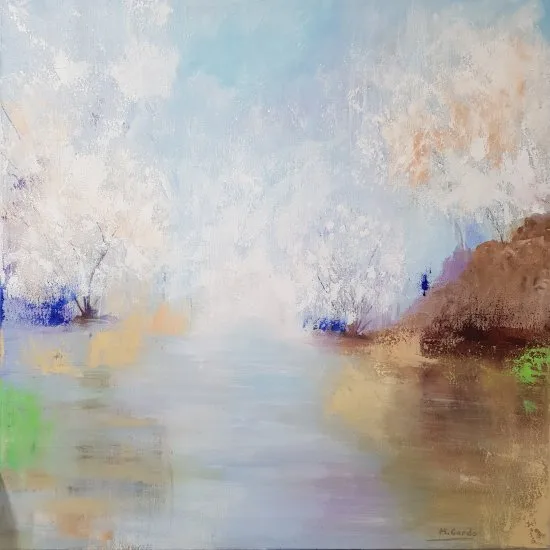 Óleo original “El lago mágico” de 60x60 cm disponible para compra internacional