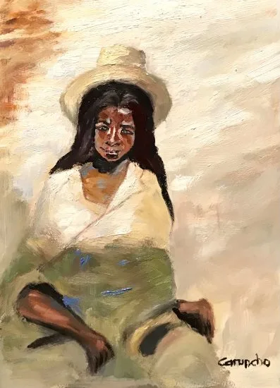 Óleo original "Mujer apoyada en la pared" de Mònica Caruncho a la venta en ARTEnet