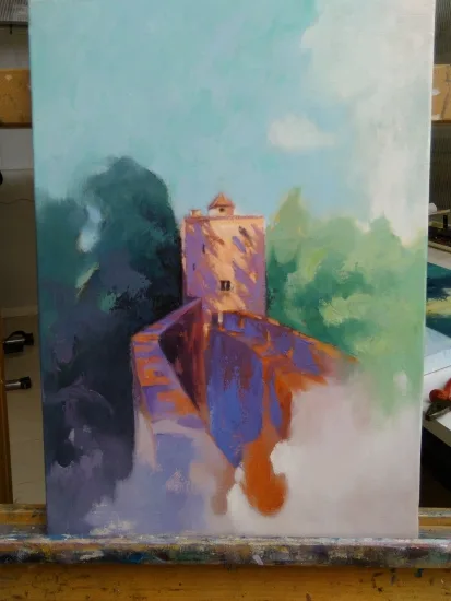 Óleo original sobre lienzo de la torre de la Alhambra disponible en España