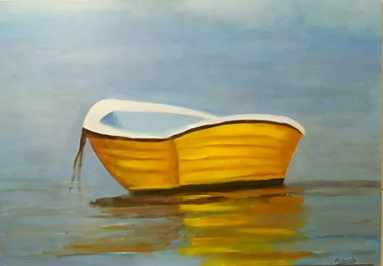 Óleo original sobre tabla “Barca abandonada” disponible para envío internacional