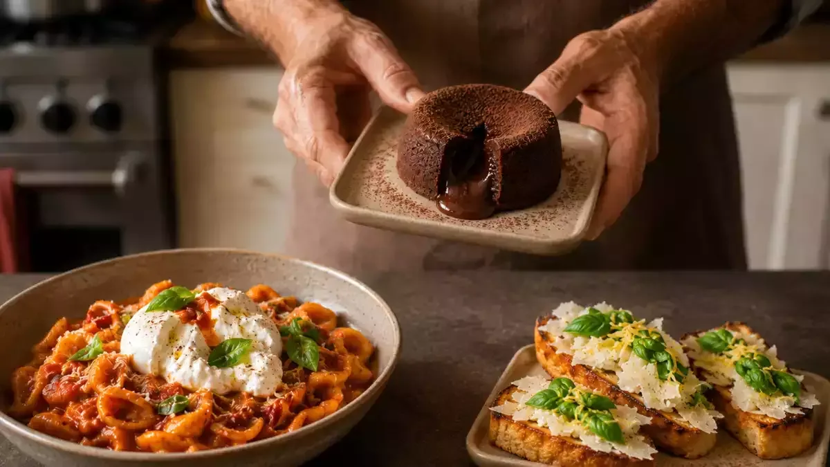 Menú del día con bocaditos crujientes, pasta al pesto y coulant de chocolate sin gluten