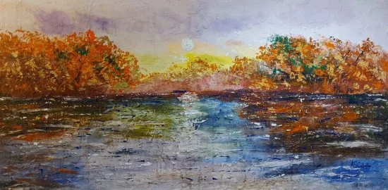 Obra original "Atardecer en la laguna" de Antonio Sánchez Cabello en acrílico sobre tabla