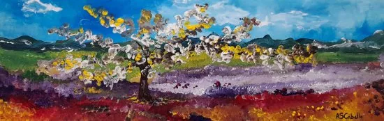 Obra original de Antonio Sánchez Cabello: paisaje del prado en primavera en acrílico sobre tabla