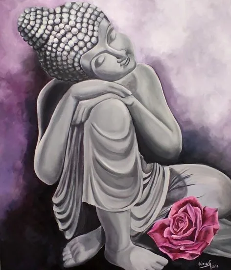 Obra única de óleo sobre tabla muestra a un pequeño Buda con una rosa en lugar de flor de loto