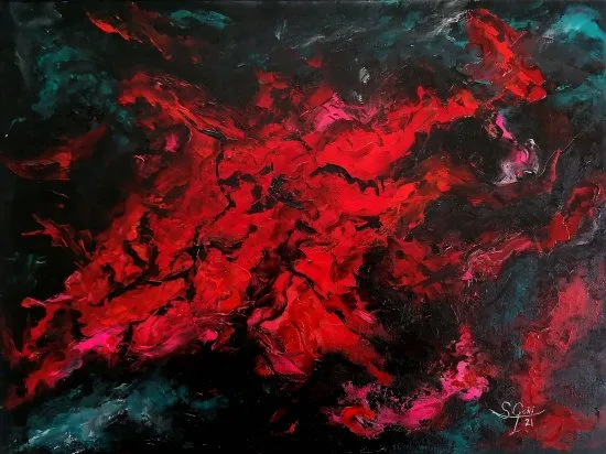 Obra única de óleo sobre tabla “Tormenta escarlata” de Santi Goñi Güemes disponible en ARTEnet
