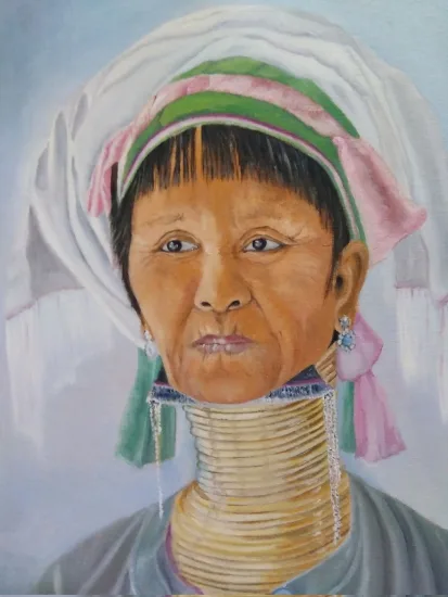 Retrato original en óleo sobre tabla de mujer Padaung o cuello de jirafa